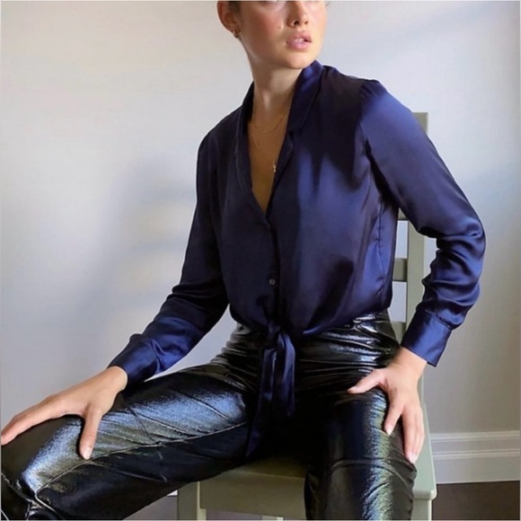 Aritzia Wilfred Effortless Satin Tie-front Blouse NWT Pure Indigo (Navy) - Large - Picture 1 of 11